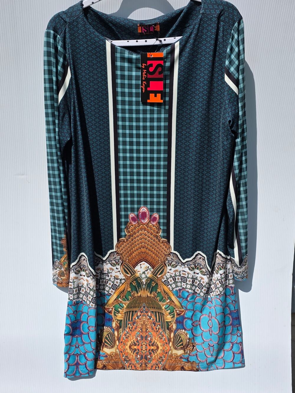 ISLE by Melis Kojan Teal Baroc Graphic Print Long Sleeve Tunic Dress XL